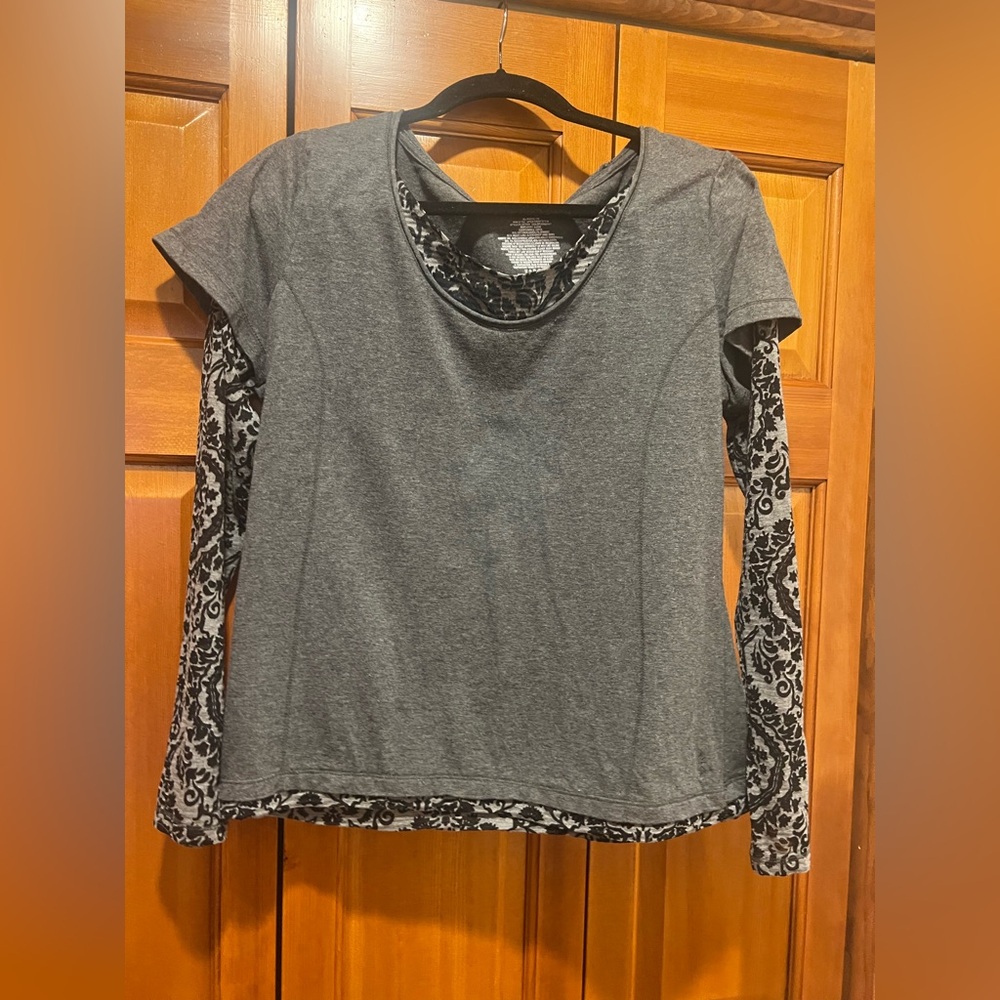 Danskin Layered-Look Gray Long Sleeve Tee with Printed Sleeves